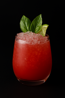 Cocktail aux couleur rouge pasteque avec feuille de basilic