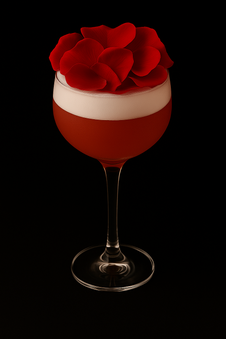 Cocktail rouge hibiscus avec des petales de rose posées sur la mousse