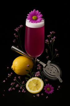 Cocktail rose-violet garni de, citron et fleurs.