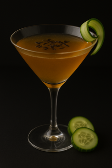 Cocktail infusé qu Earl Grey avec rondelle de concombre posé sur le bord