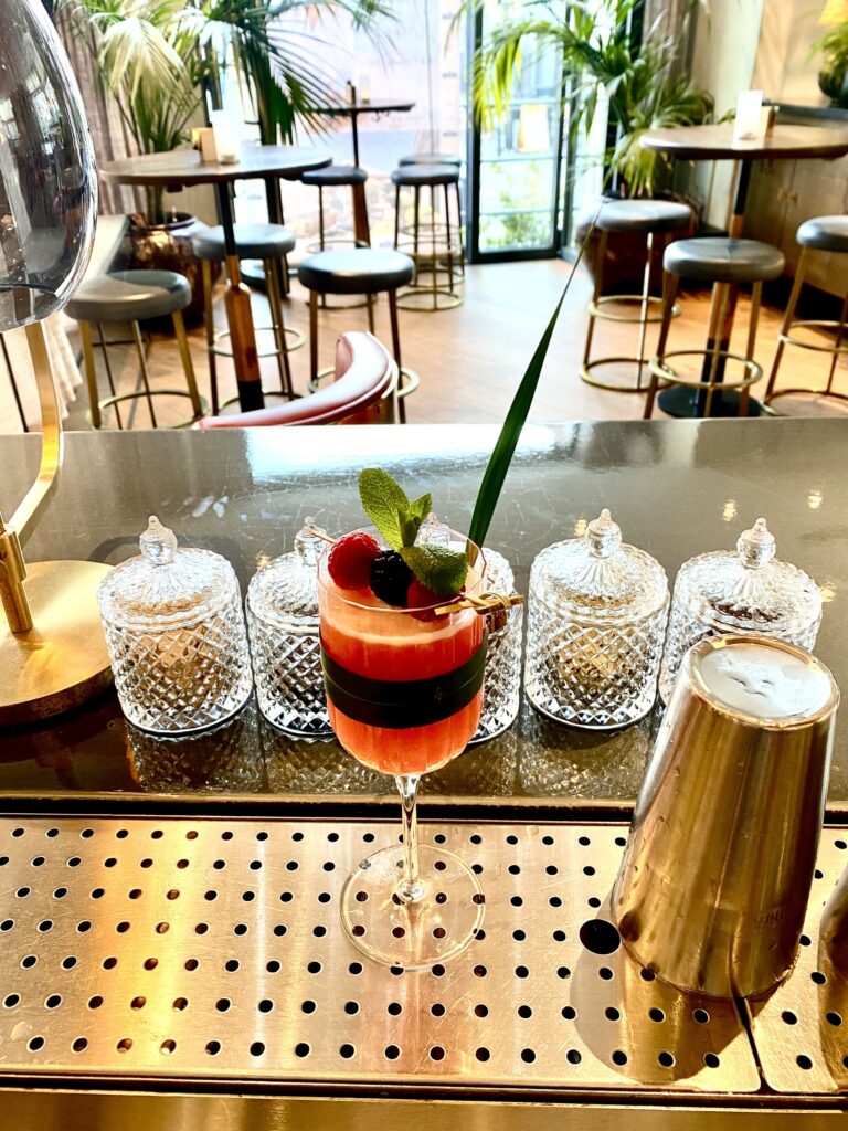 Cocktail premium en verre à pied avec couches rouge-orangé, garni de framboise, mûre et menthe