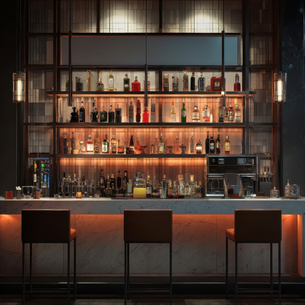 Bar à cocktails élégant avec étagères de spiritueux et comptoir éclairé