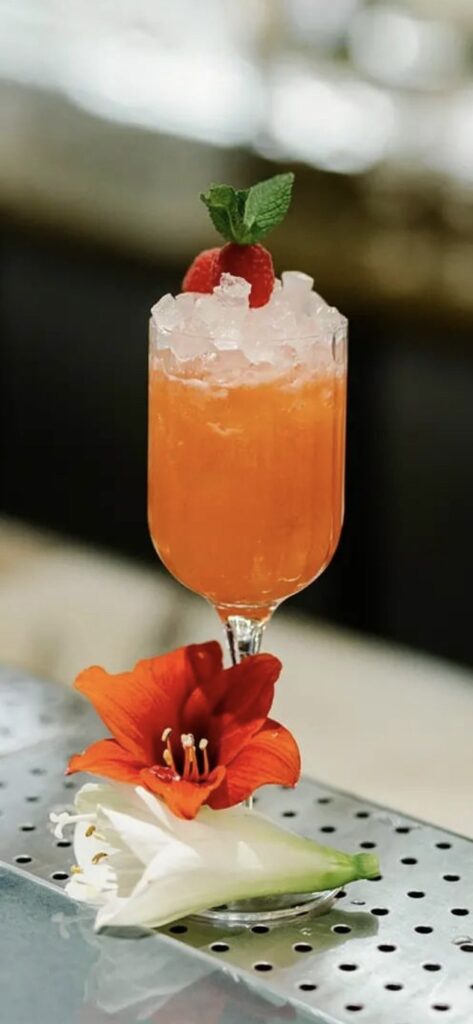 Cocktail orange premium garni de fraise et menthe avec fleurs décoratives