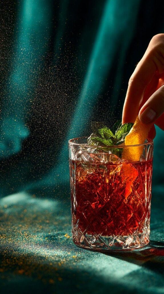 Cocktail signature rouge garni d’agrume et de menthe