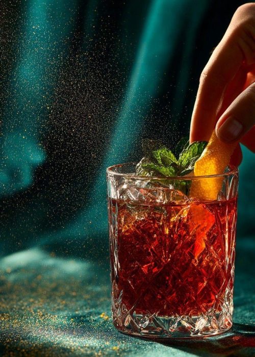 Cocktail signature rouge garni d’agrume et de menthe